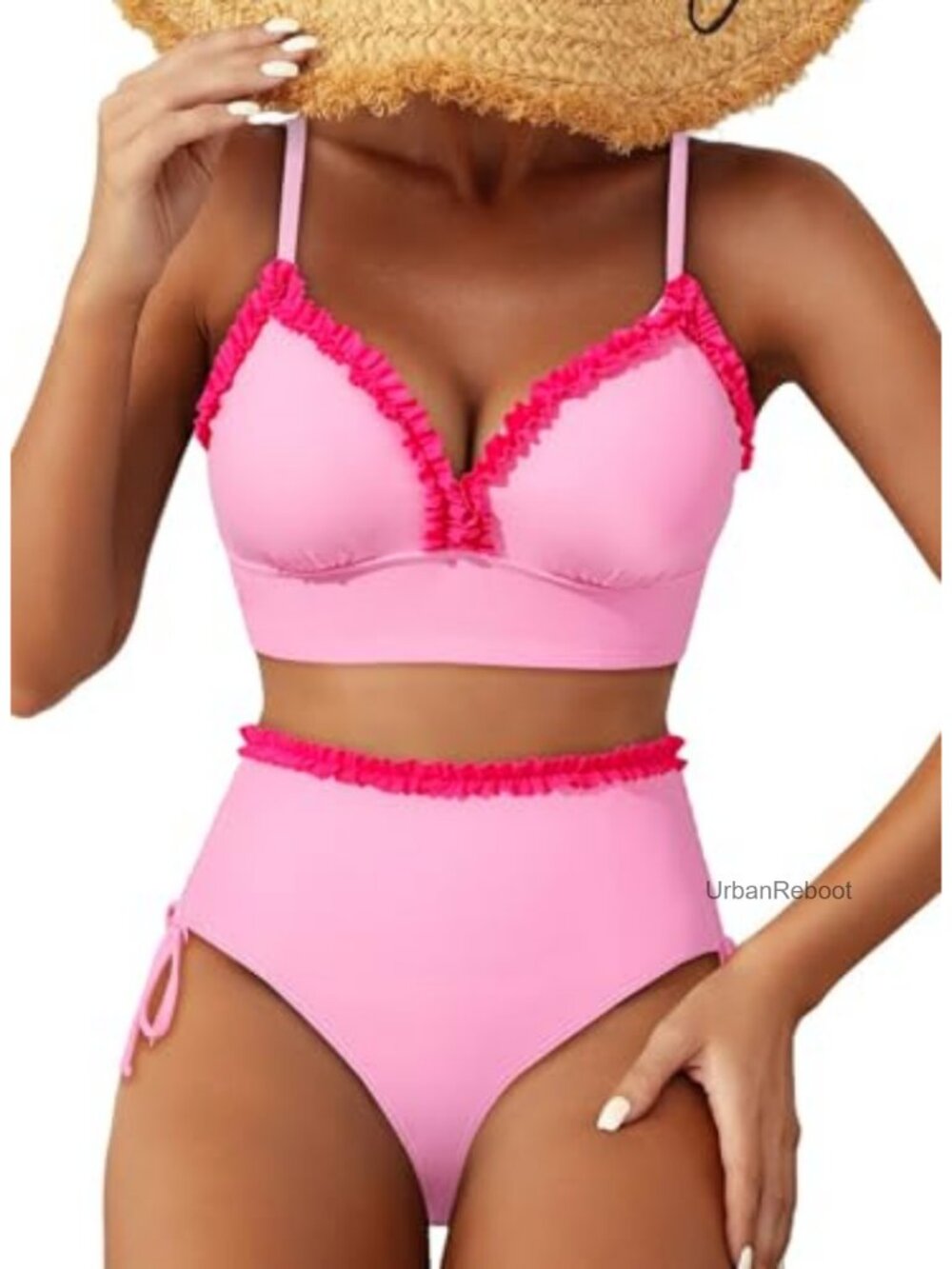 Women's High Waisted Bikini Set Ruffle Trim Tie Side Swimsuits V-Neck Padded